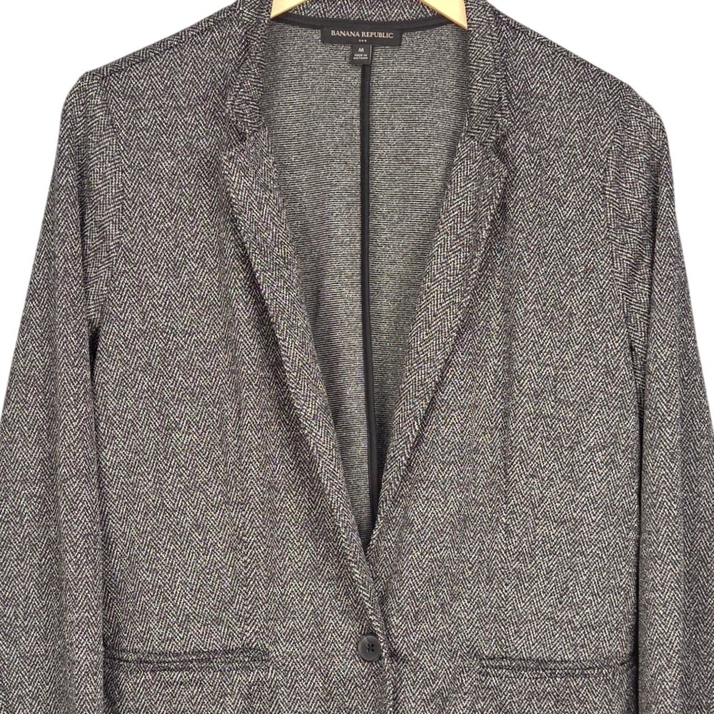 Banana Republic‎ Blazer Women Medium Black White Herringbone Knit Career Jacket